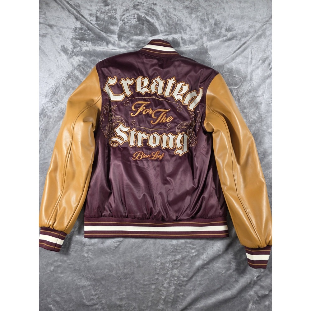 "Created For The Strong" Maroon & Tan Varsity Bomber Jacket